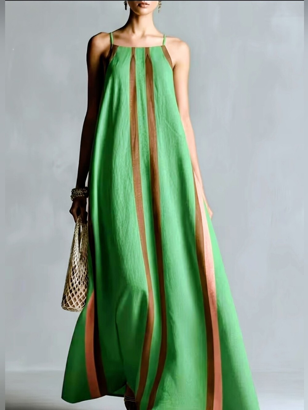 Light Green Maxi Sundress with Tan Vertical Stripes